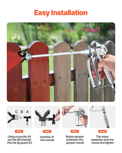 Handheld sprayer being used on a wooden fence with installation steps displayed.