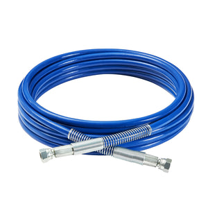 Coiled blue hose with metal connectors on a white background