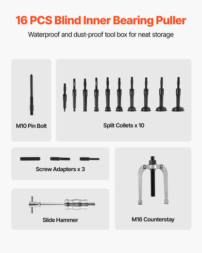 Blind Hole Bearing Puller Set, 16-in-1 Inner Bearing Race and Seal Extractor Kit, 16 PCS Slide Hammer Pilot Insert Inner Internal Bearing Removal Tool Set with 10 Split Collets and Counterstay
