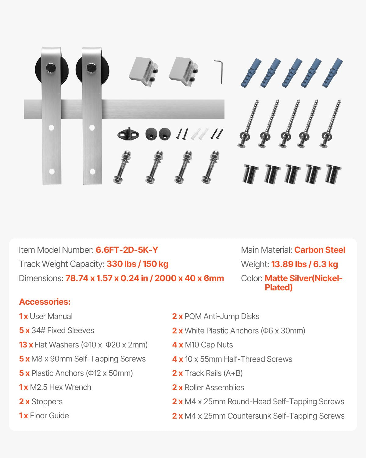 2000 mm Sliding Barn Door Hardware Kit for Single Sliding Barn Door Silver