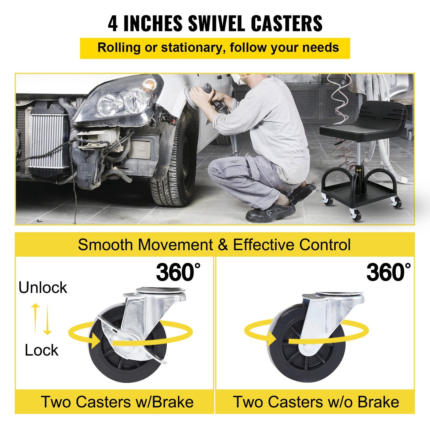 Rolling Garage Stool 300LBS Adjustable Mechanic Work Shop Seat w/Casters