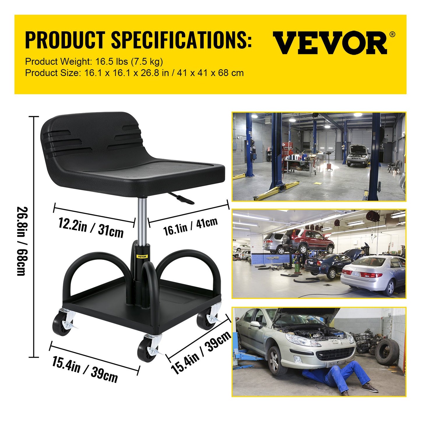 Rolling Garage Stool 300LBS Adjustable Mechanic Work Shop Seat w/Casters