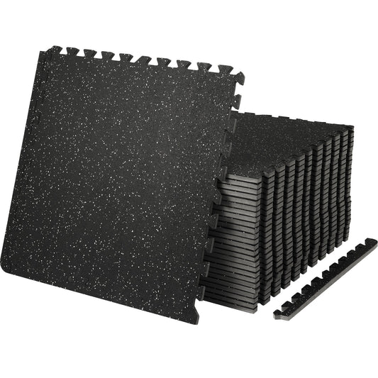 Black interlocking foam gym mats on a white background
