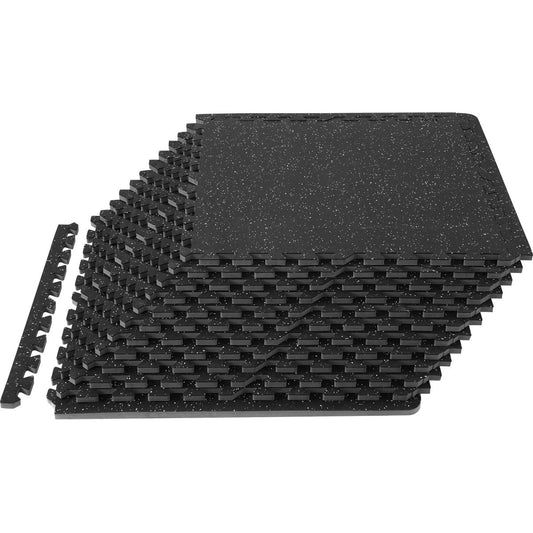 Stack of black interlocking foam gym mats on a white background