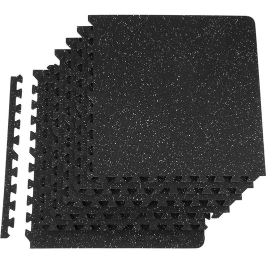 Black foam puzzle mat tiles on a white background