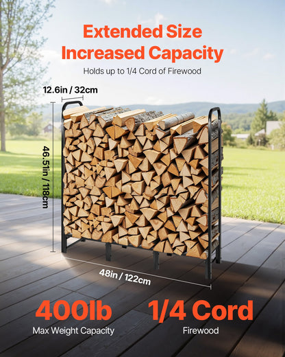 VEVOR Firewood Rack with Waterproof Cover, 1.22m Outdoor Firewood Holder, 1/4 Cord Storage Metal Log Holder, 400lb Max Weight Capacity, Top Covered, Powder - Coated Wood Storage Rack for Fireplace Deck - Factory Direct Shop