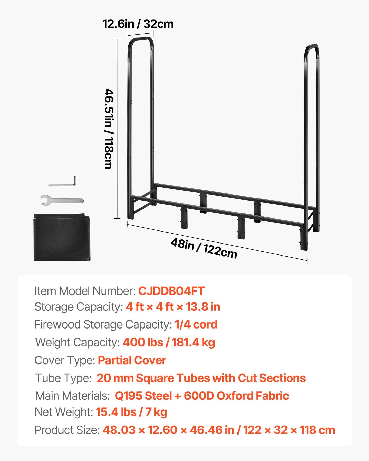 VEVOR Firewood Rack with Waterproof Cover, 1.22m Outdoor Firewood Holder, 1/4 Cord Storage Metal Log Holder, 400lb Max Weight Capacity, Top Covered, Powder - Coated Wood Storage Rack for Fireplace Deck - Factory Direct Shop