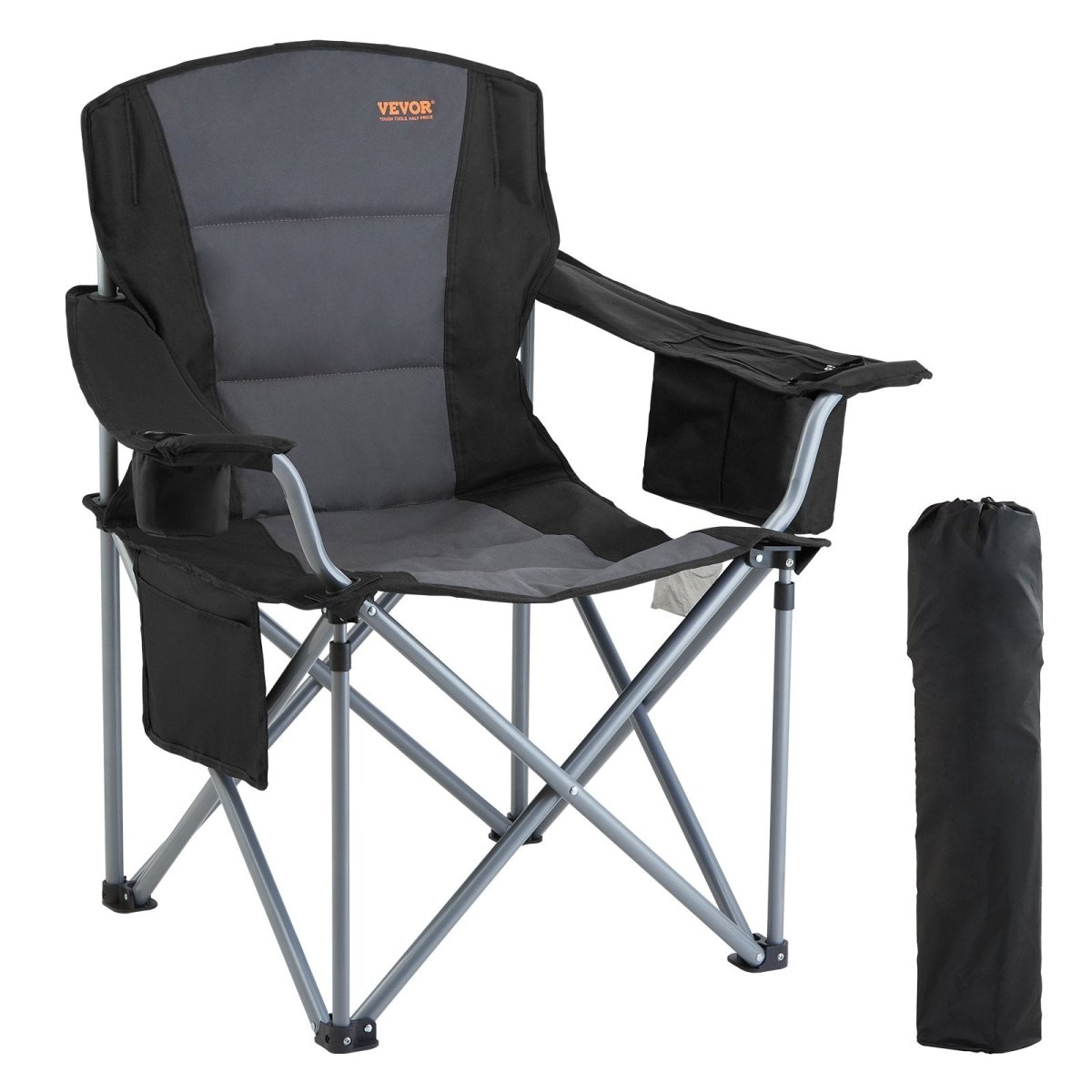VEVOR Camping Folding Chair for Adults, Portable Heavy Duty Outdoor Quad Lumbar Back Padded Arm Chairs with Side Pockets, Cup Holder and Cooler Bag for Beach, Lawn, Picnic, Fishing, Backpacking, Black - Factory Direct Shop