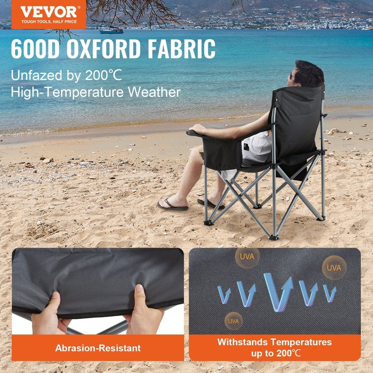 VEVOR Camping Folding Chair for Adults, Portable Heavy Duty Outdoor Quad Lumbar Back Padded Arm Chairs with Side Pockets, Cup Holder and Cooler Bag for Beach, Lawn, Picnic, Fishing, Backpacking, Black - Factory Direct Shop
