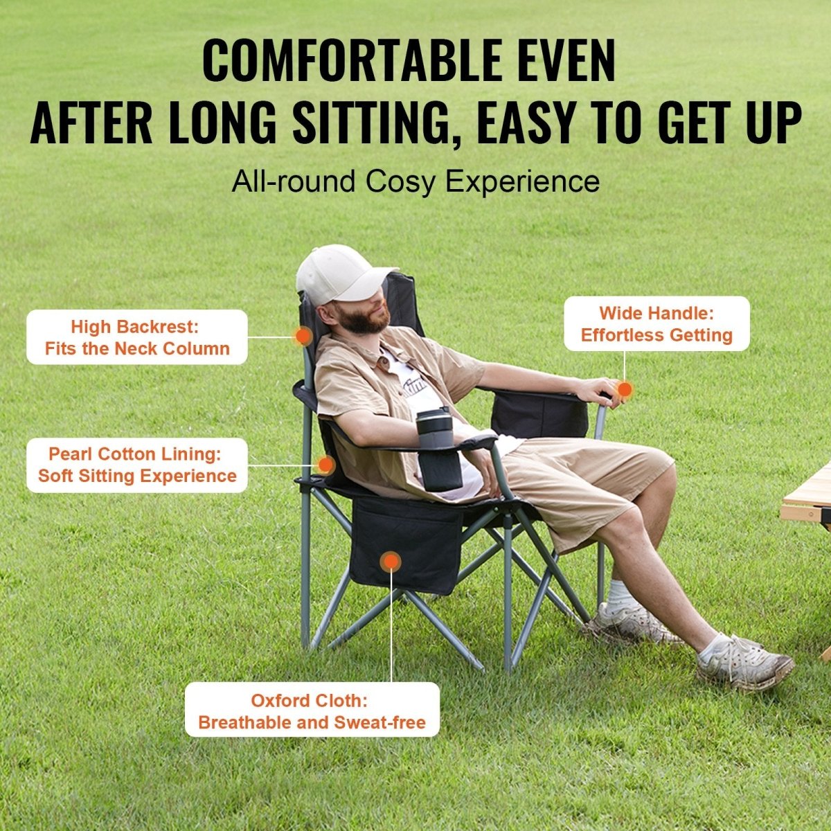 VEVOR Camping Folding Chair for Adults, Portable Heavy Duty Outdoor Quad Lumbar Back Padded Arm Chairs with Side Pockets, Cup Holder and Cooler Bag for Beach, Lawn, Picnic, Fishing, Backpacking, Black - Factory Direct Shop
