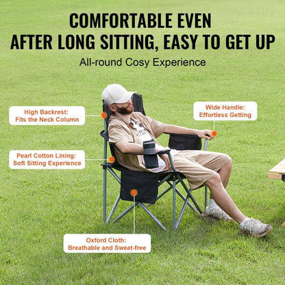 VEVOR Camping Folding Chair for Adults, Portable Heavy Duty Outdoor Quad Lumbar Back Padded Arm Chairs with Side Pockets, Cup Holder and Cooler Bag for Beach, Lawn, Picnic, Fishing, Backpacking, Black - Factory Direct Shop