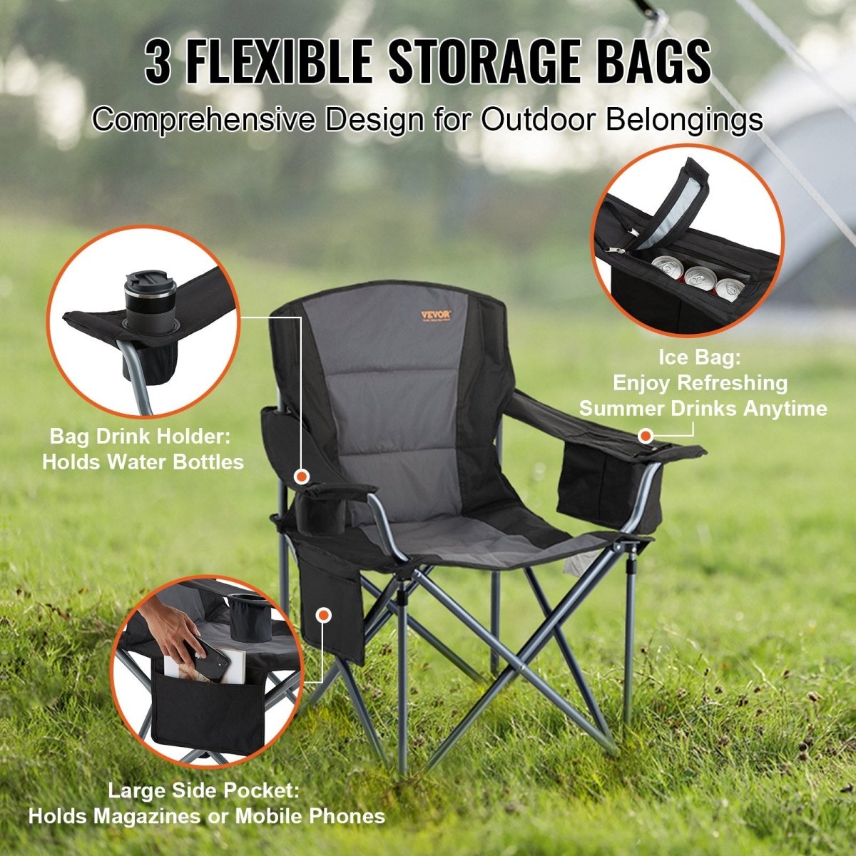 VEVOR Camping Folding Chair for Adults, Portable Heavy Duty Outdoor Quad Lumbar Back Padded Arm Chairs with Side Pockets, Cup Holder and Cooler Bag for Beach, Lawn, Picnic, Fishing, Backpacking, Black - Factory Direct Shop