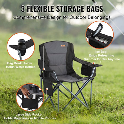 VEVOR Camping Folding Chair for Adults, Portable Heavy Duty Outdoor Quad Lumbar Back Padded Arm Chairs with Side Pockets, Cup Holder and Cooler Bag for Beach, Lawn, Picnic, Fishing, Backpacking, Black - Factory Direct Shop