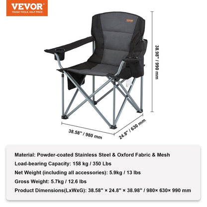 VEVOR Camping Folding Chair for Adults, Portable Heavy Duty Outdoor Quad Lumbar Back Padded Arm Chairs with Side Pockets, Cup Holder and Cooler Bag for Beach, Lawn, Picnic, Fishing, Backpacking, Black - Factory Direct Shop