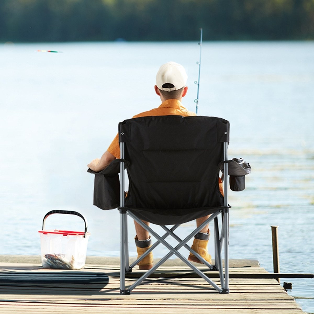 VEVOR Camping Folding Chair for Adults, Portable Heavy Duty Outdoor Quad Lumbar Back Padded Arm Chairs with Side Pockets, Cup Holder and Cooler Bag for Beach, Lawn, Picnic, Fishing, Backpacking, Black - Factory Direct Shop