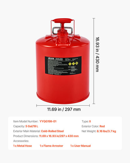 Safety Gas Can, 19 L Type II Red Safety Can for Gasoline with Stainless Steel Flame Arrester, Self-Closing Lid, and Flexible Metal Spout, Carbon Steel Flammable Storage with Ergonomic Handle
