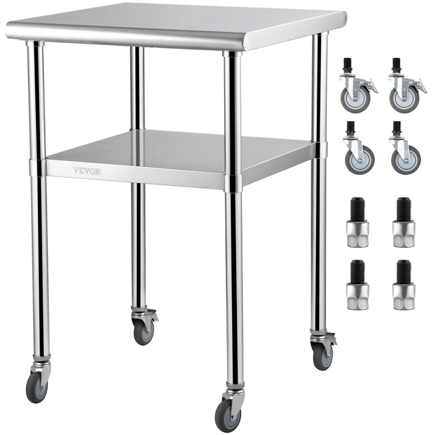 Stainless Steel Prep Table, 61 x 61 x 91.4 cm, 600lbs Load Capacity Heavy Duty Metal Worktable with Adjustable Undershelf & Universal Wheels, Commercial Workstation for Kitchen Garage Backyard