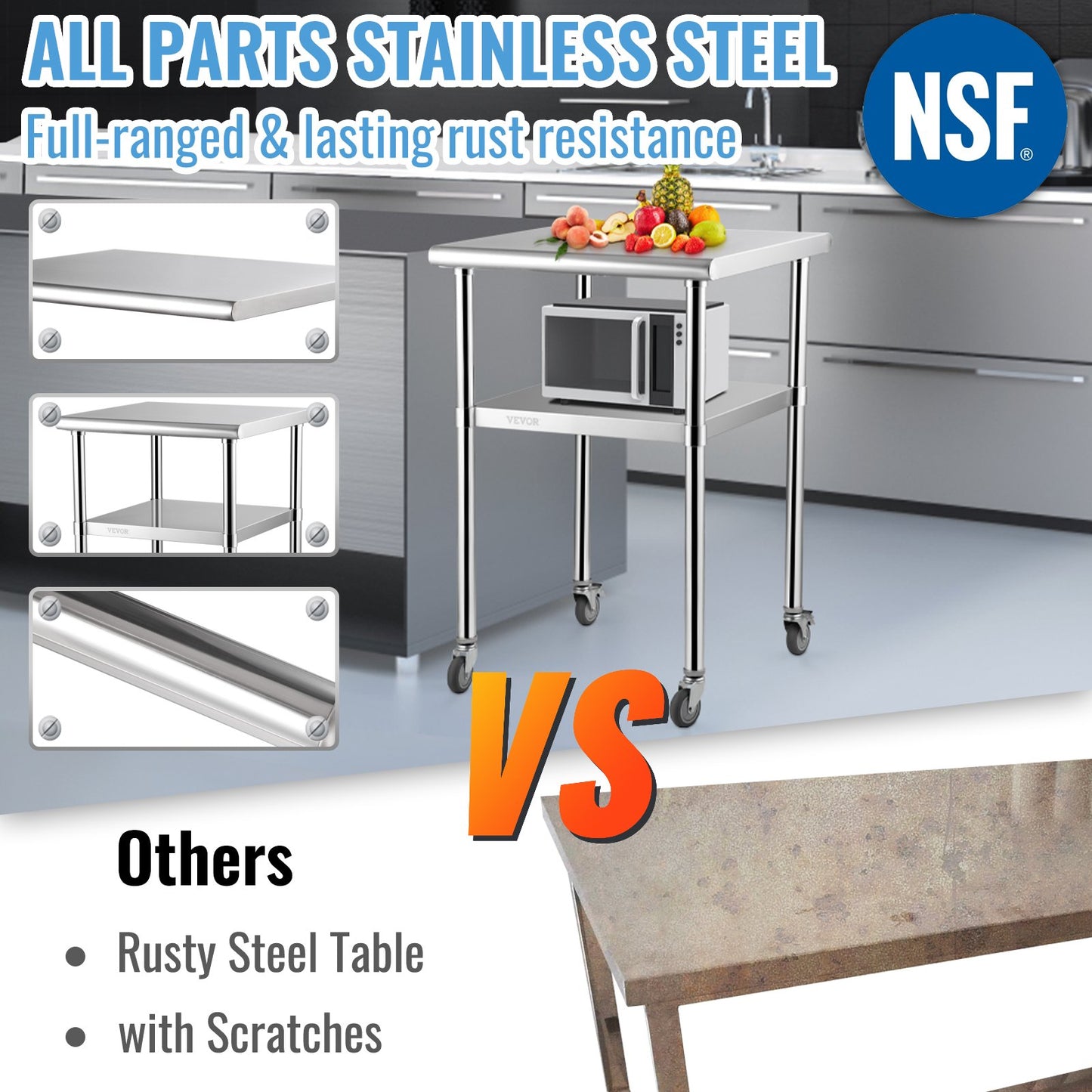 Stainless Steel Prep Table, 61 x 61 x 91.4 cm, 600lbs Load Capacity Heavy Duty Metal Worktable with Adjustable Undershelf & Universal Wheels, Commercial Workstation for Kitchen Garage Backyard