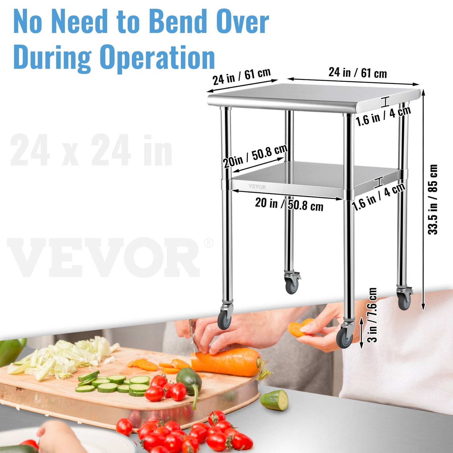 Stainless Steel Prep Table, 61 x 61 x 91.4 cm, 600lbs Load Capacity Heavy Duty Metal Worktable with Adjustable Undershelf & Universal Wheels, Commercial Workstation for Kitchen Garage Backyard