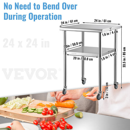 Stainless Steel Prep Table, 61 x 61 x 91.4 cm, 600lbs Load Capacity Heavy Duty Metal Worktable with Adjustable Undershelf & Universal Wheels, Commercial Workstation for Kitchen Garage Backyard