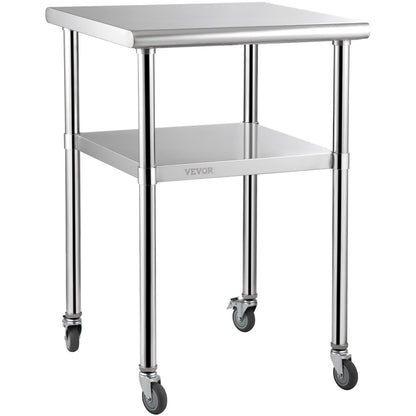 Stainless Steel Prep Table, 61 x 61 x 91.4 cm, 600lbs Load Capacity Heavy Duty Metal Worktable with Adjustable Undershelf & Universal Wheels, Commercial Workstation for Kitchen Garage Backyard