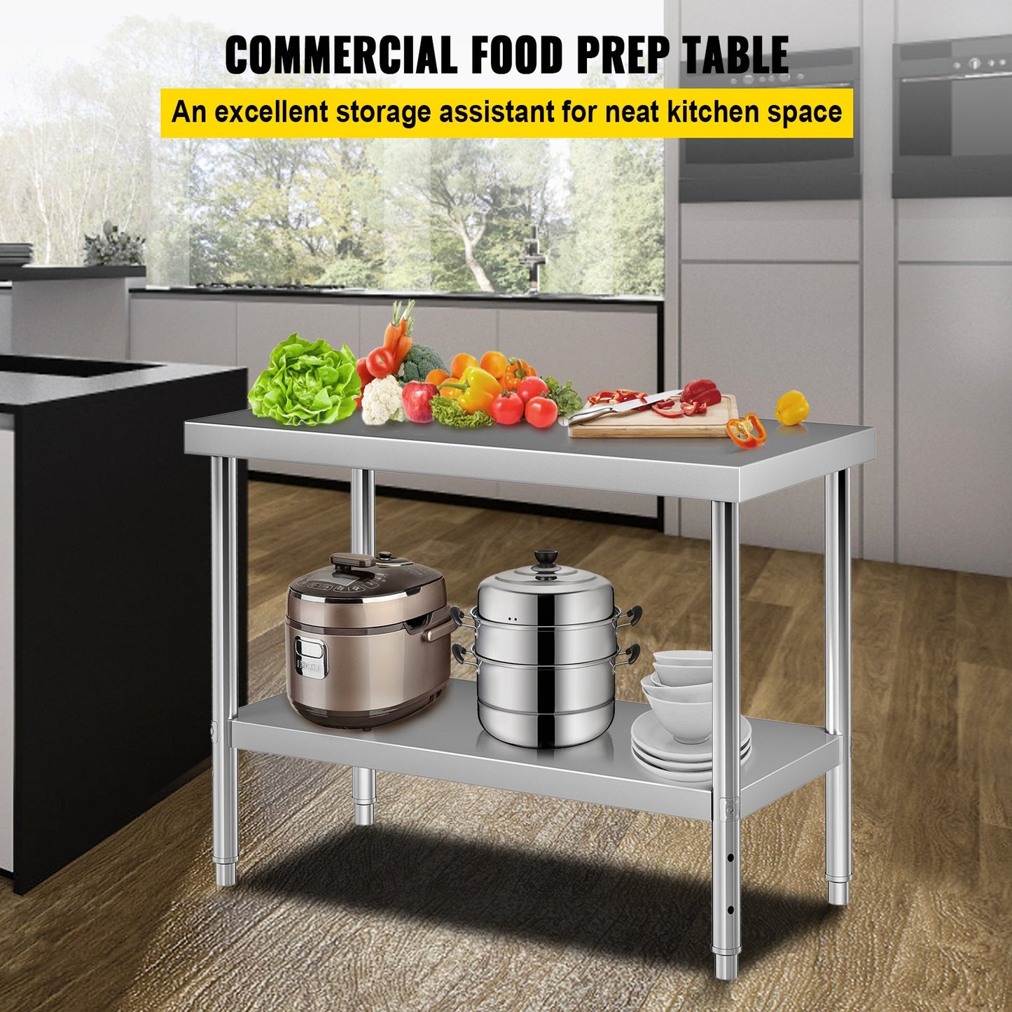 Stainless Steel Prep Table, 122 x 46 x 86 cm, 250kg Load Capacity Heavy Duty Metal Worktable with Adjustable Undershelf, Commercial Workstation for Kitchen Restaurant Garage Backyard