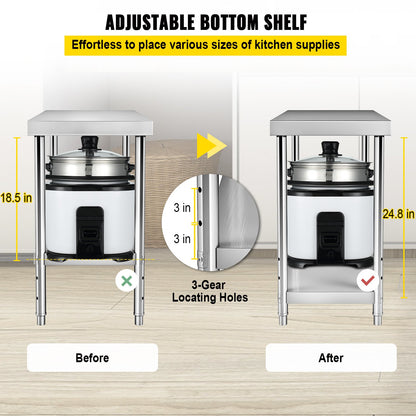 Stainless Steel Prep Table, 122 x 46 x 86 cm, 250kg Load Capacity Heavy Duty Metal Worktable with Adjustable Undershelf, Commercial Workstation for Kitchen Restaurant Garage Backyard