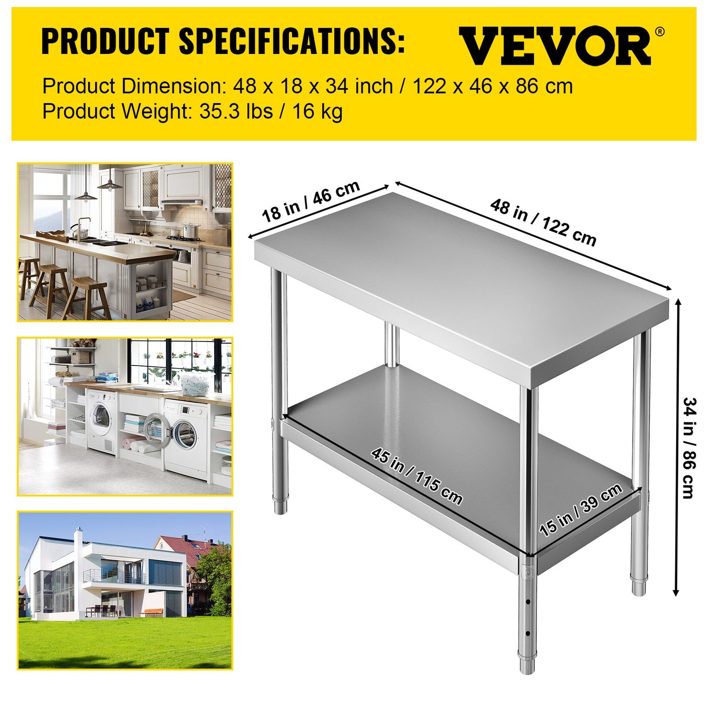 Stainless Steel Prep Table, 122 x 46 x 86 cm, 250kg Load Capacity Heavy Duty Metal Worktable with Adjustable Undershelf, Commercial Workstation for Kitchen Restaurant Garage Backyard