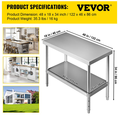 Stainless Steel Prep Table, 122 x 46 x 86 cm, 250kg Load Capacity Heavy Duty Metal Worktable with Adjustable Undershelf, Commercial Workstation for Kitchen Restaurant Garage Backyard