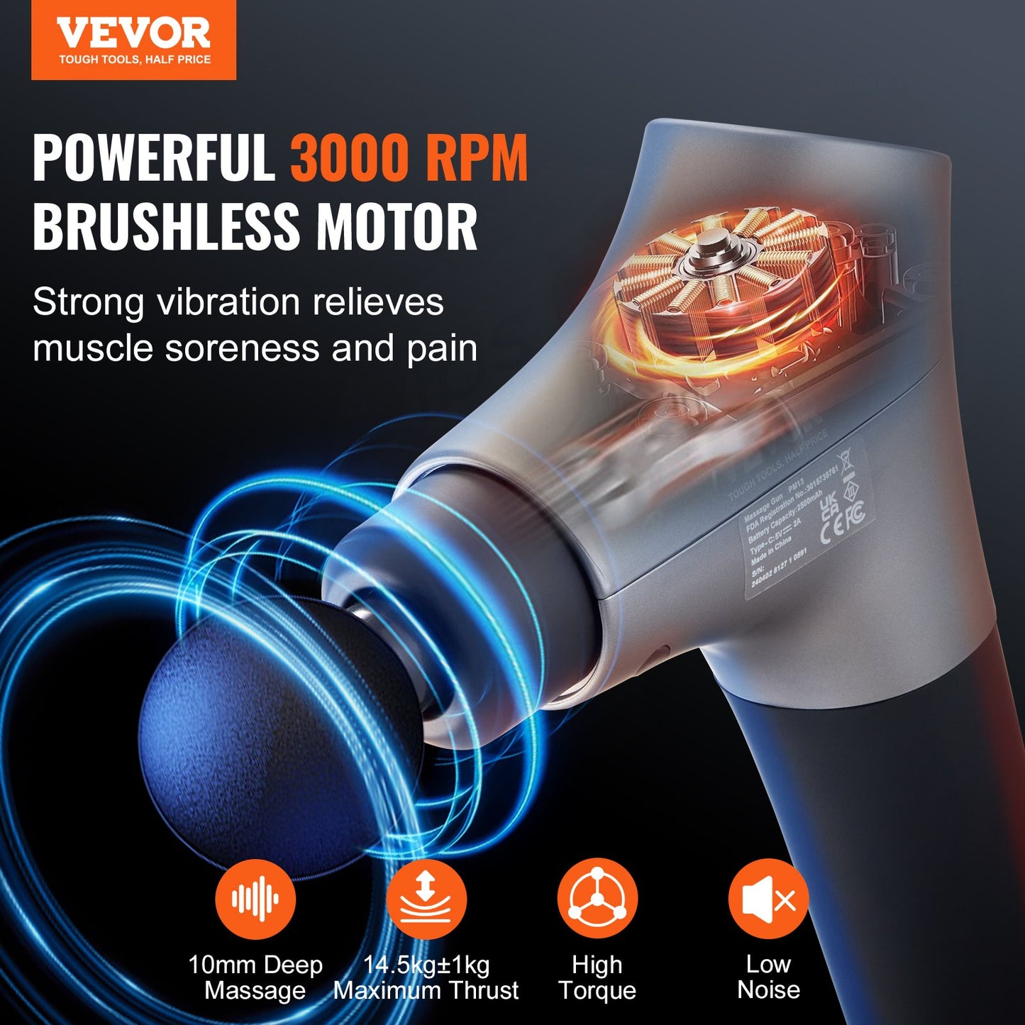 Massage Gun Deep Tissue, Percussion Muscle Massager for Athletes - with 6 Speed Levels & 4 Massage Heads, 12V 2500mAh Batteries, Handheld Electric Massage Gun for Pain Relief, Muscle Relaxation