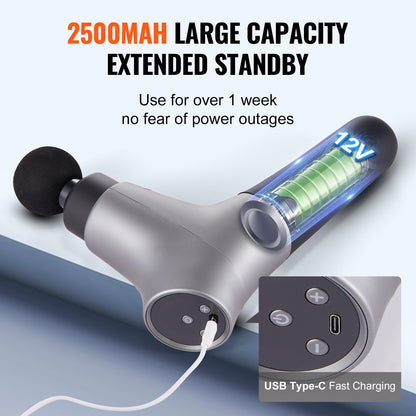 Massage Gun Deep Tissue, Percussion Muscle Massager for Athletes - with 6 Speed Levels & 4 Massage Heads, 12V 2500mAh Batteries, Handheld Electric Massage Gun for Pain Relief, Muscle Relaxation