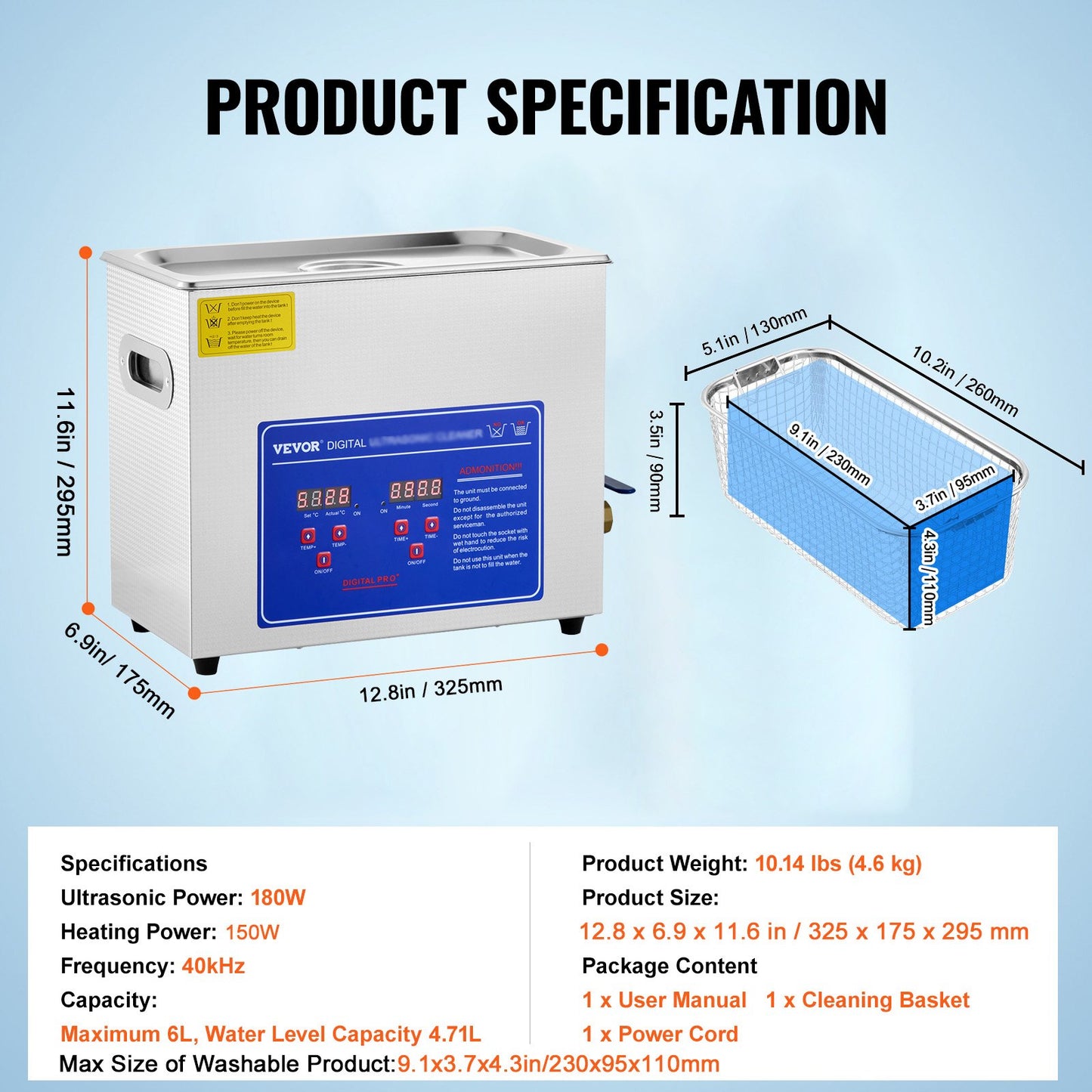 Brand New 6 Liter Stainless Steel Digital Ultrasonic Cleaner w/ Bracket & Drainage System