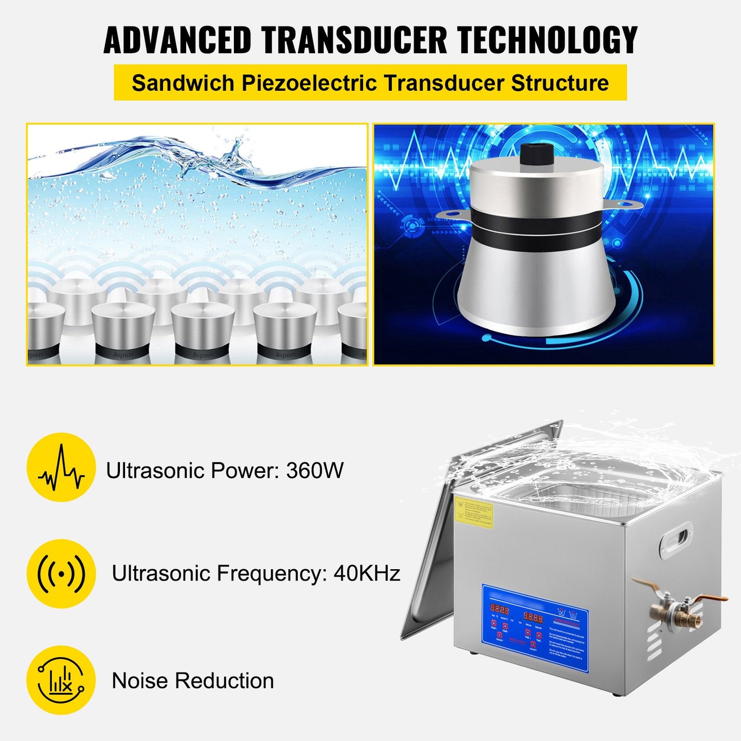 Powerful Stainless Steel 13.5-15 L Liters Ultrasonic Cleaner 360W Digital Heater Timer