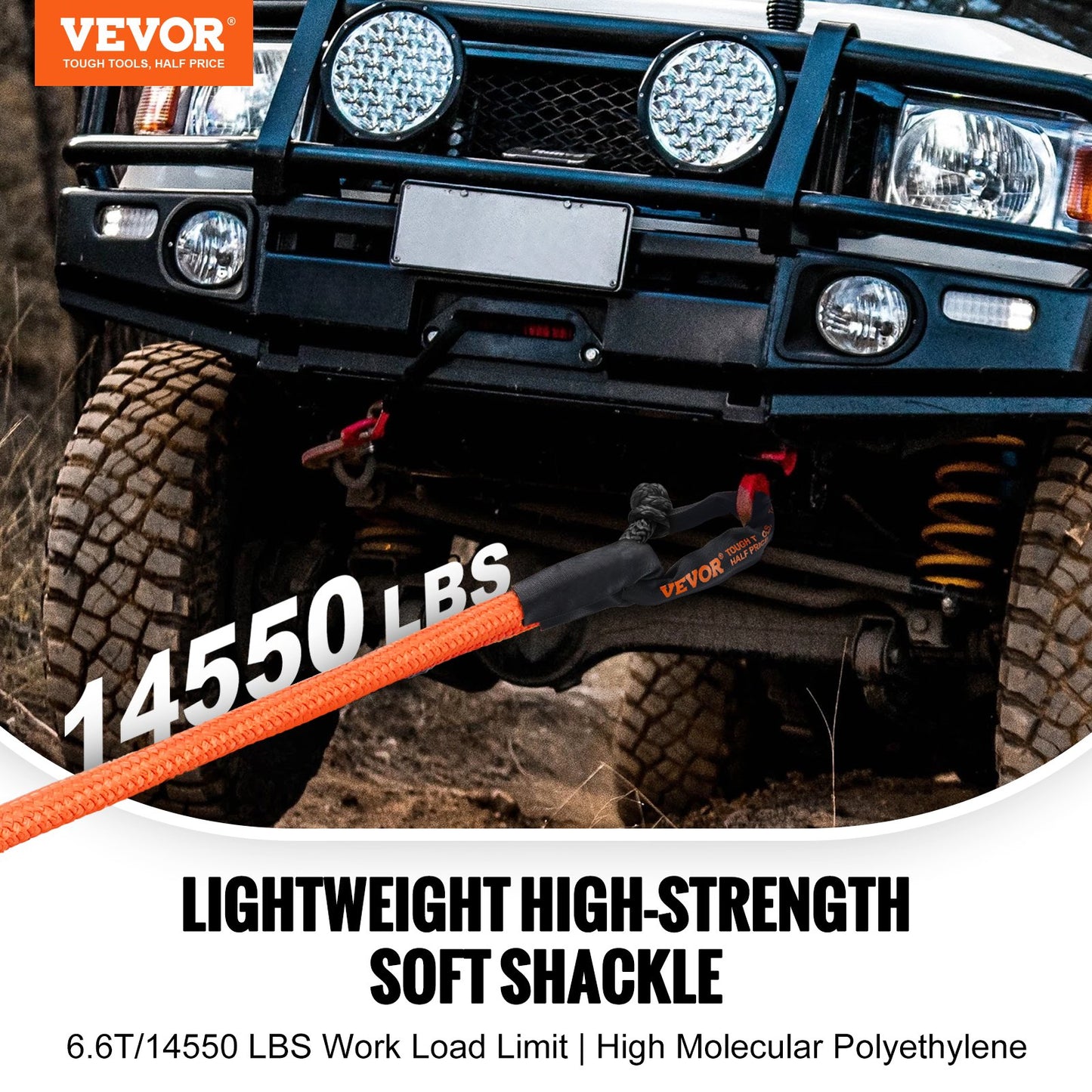 VEVOR Synthetic Soft Shackle Rope, 2 Pack 12.7 x 558.8 mm 20 Ton Breaking Strength, Recovery Tow Shackles with Extra 2 Sleeves and Storage Bag for UTV, ATV, Trucks, Jeep, Off-Road Vehicles, Black