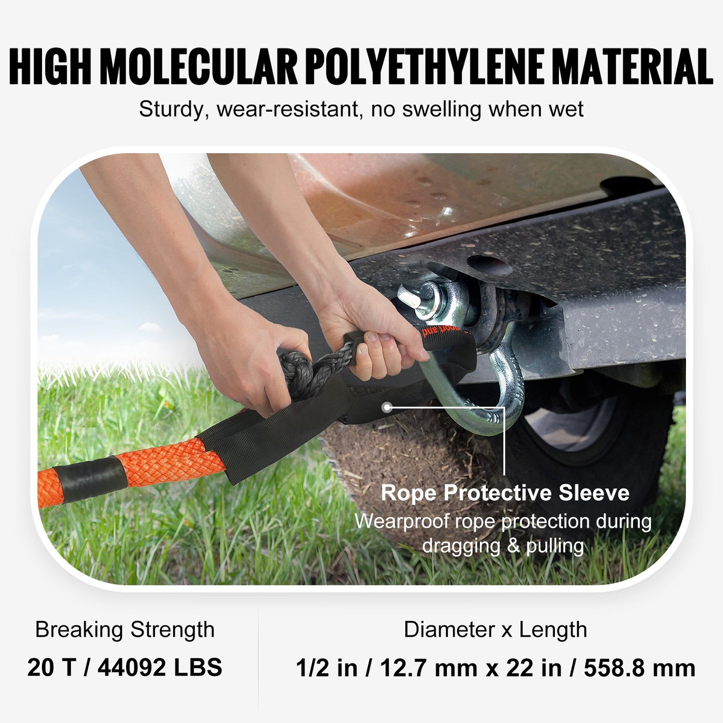 VEVOR Synthetic Soft Shackle Rope, 2 Pack 12.7 x 558.8 mm 20 Ton Breaking Strength, Recovery Tow Shackles with Extra 2 Sleeves and Storage Bag for UTV, ATV, Trucks, Jeep, Off-Road Vehicles, Black