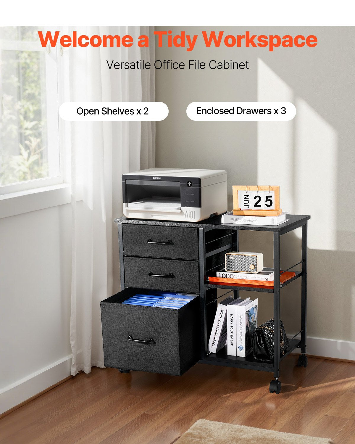 Mobile Metal File Cabinet with 3 Fabric Drawers and 2 Open Shelves Black
