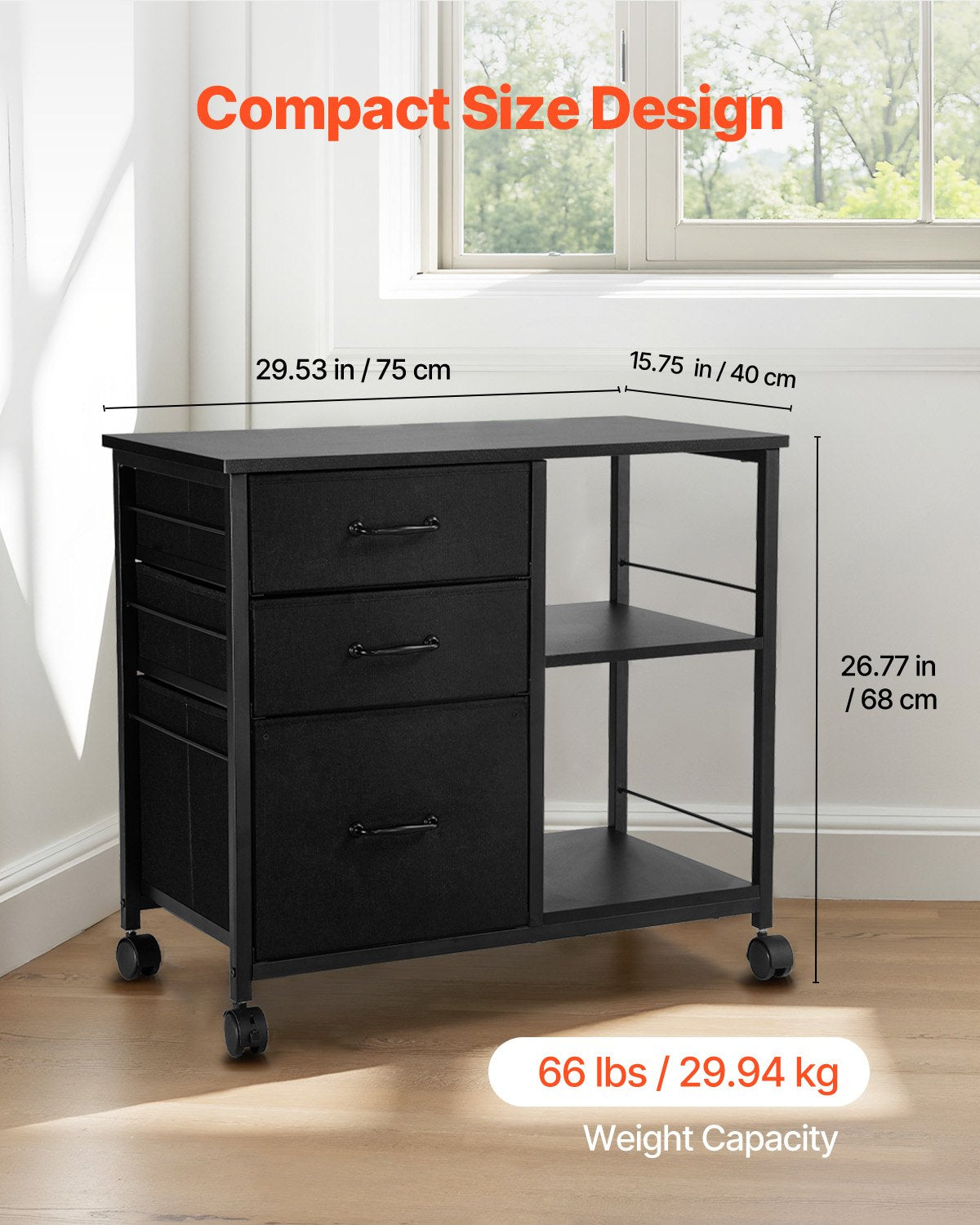 Mobile Metal File Cabinet with 3 Fabric Drawers and 2 Open Shelves Black