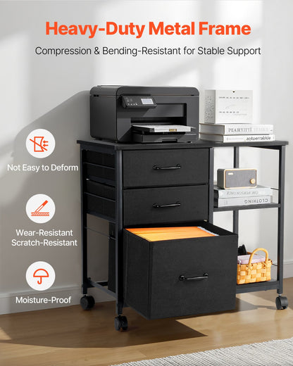 Mobile Metal File Cabinet with 3 Fabric Drawers and 2 Open Shelves Black