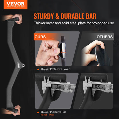 Lat Pulldown Bar product advertisement showcasing a sturdy and durable bar with measurements and comparisons.