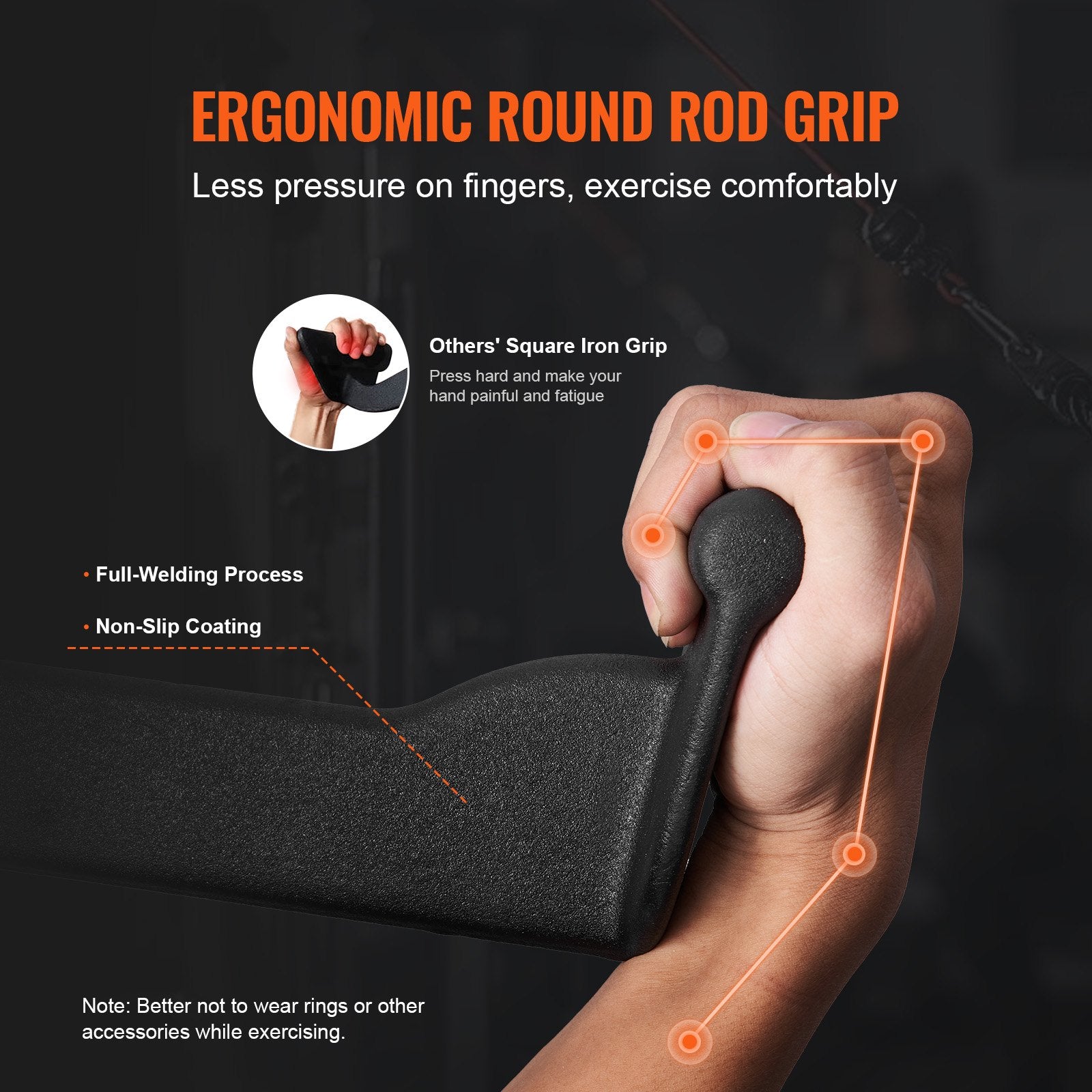 Ergonomic round Lat Pulldown Bar with hand holding it, highlighting features on a dark background.