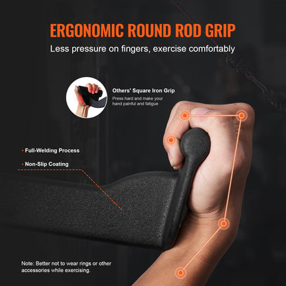 Ergonomic round Lat Pulldown Bar with hand holding it, highlighting features on a dark background.