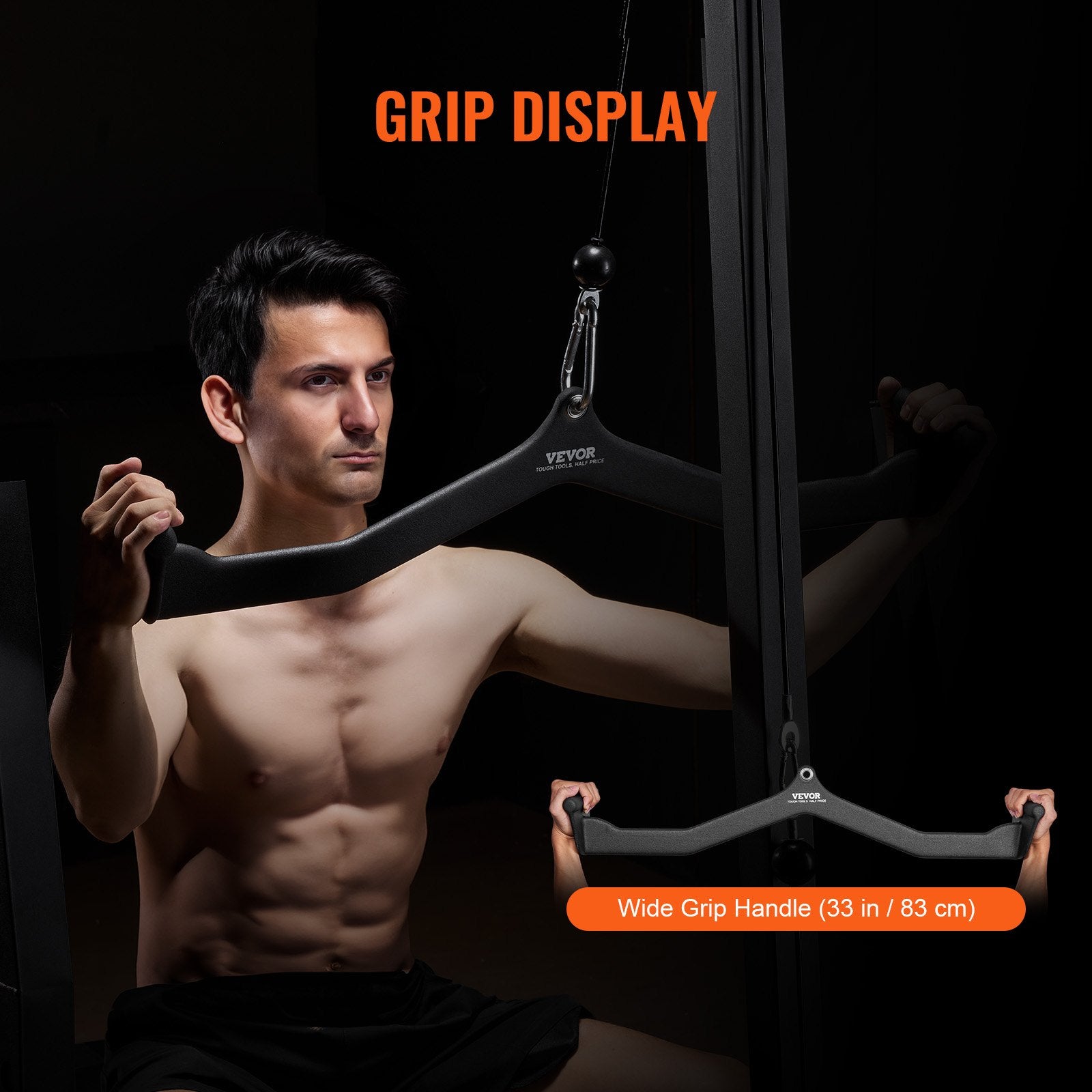Man using a Lat Pulldown Bar wide grip handle on a black background with 'GRIP DISPLAY' text.