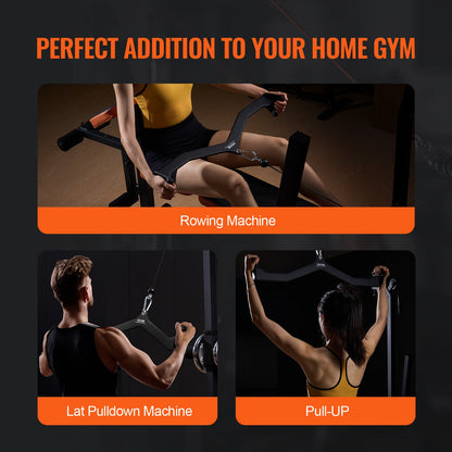 Advertisement for home gym equipment including a rowing machine, lat pulldown machine, and pull-up bar.