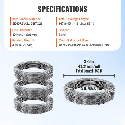 Razor Wire Razor Barbed Wire 147ft 3Rolls Razor Wire Fencing Double Spiral