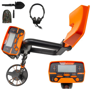 Metal detector with accessories including headphones, a shovel, and a case on a white background