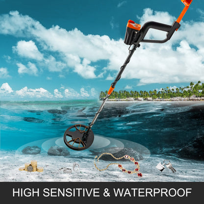 Metal detector with underwater scene and treasures on a beach background