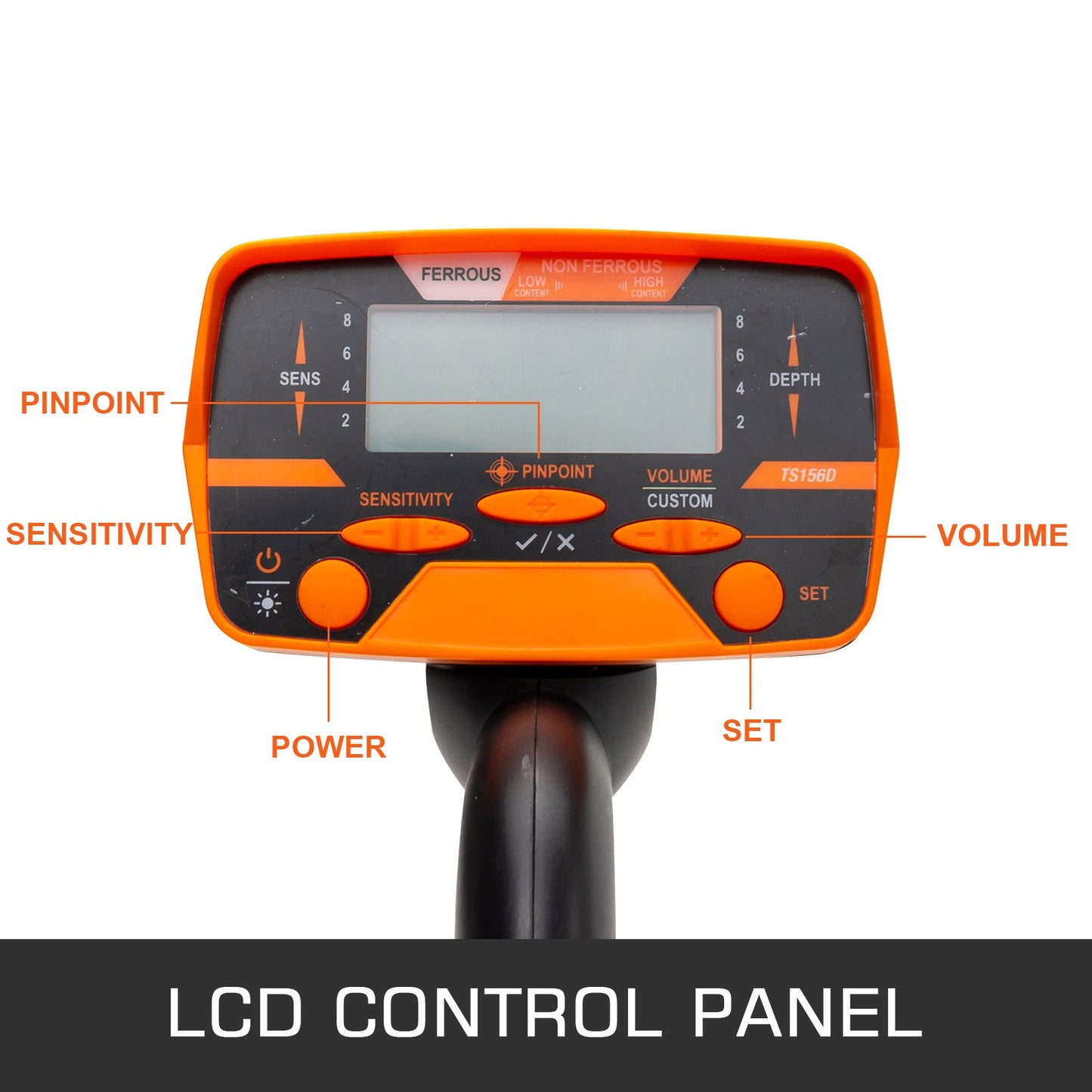 LCD control panel of a metal detector with labeled buttons on a white background