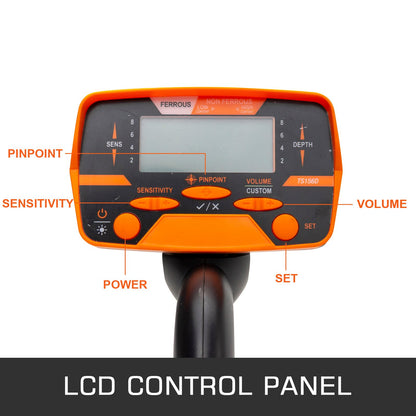 LCD control panel of a metal detector with labeled buttons on a white background