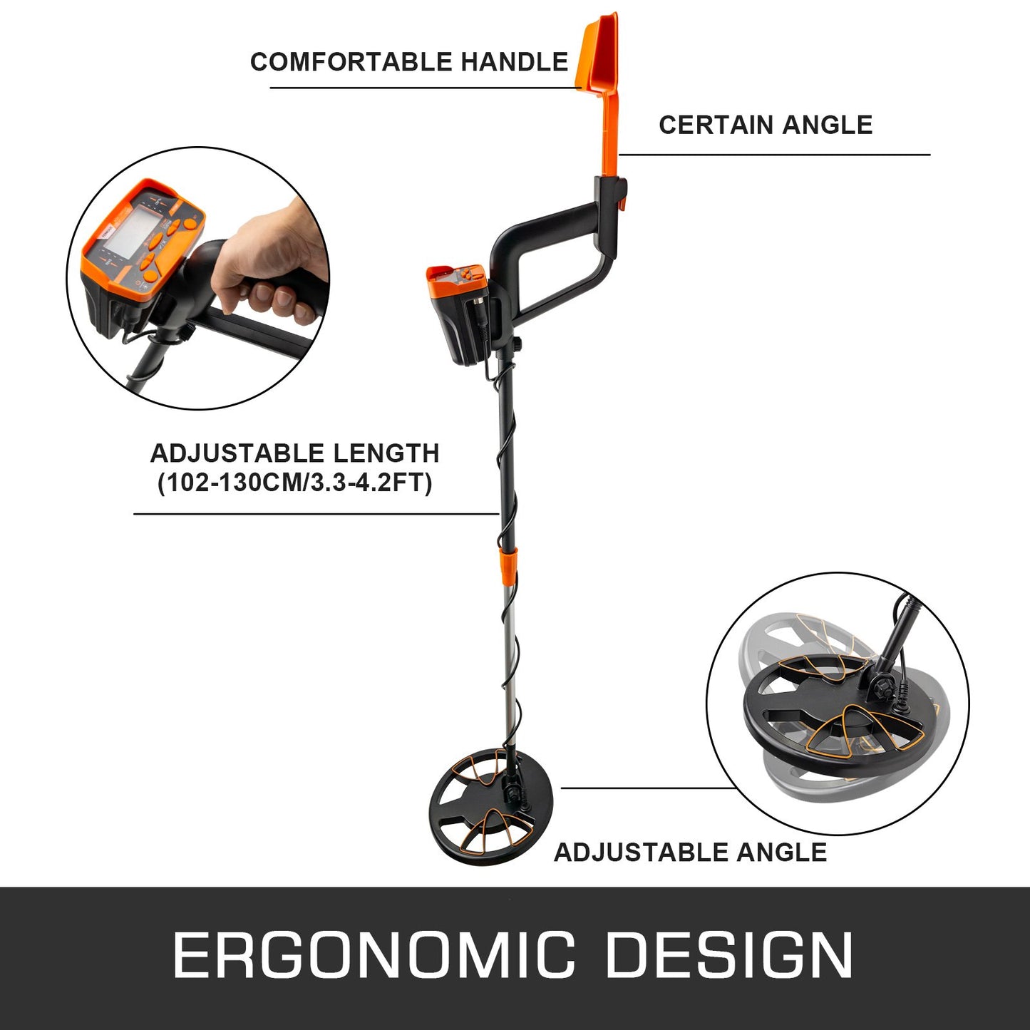 Metal detector with labeled features on a white background