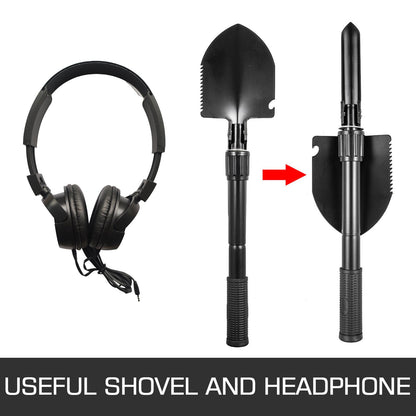 Black folding shovel and headphones on a white background with text 'USEFUL SHOVEL AND HEADPHONE'.